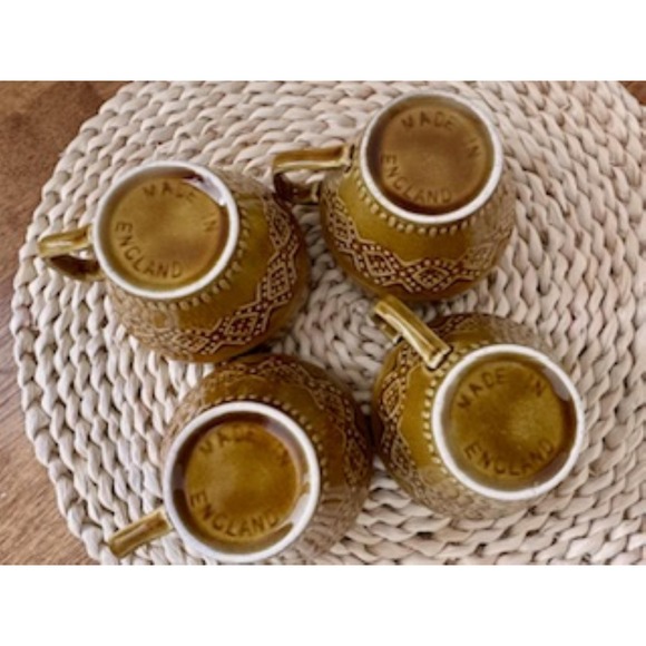 Vintage English Stoneware Tea Cups Saucers Geometric Brown Pattern Retro Dining - Picture 8 of 10